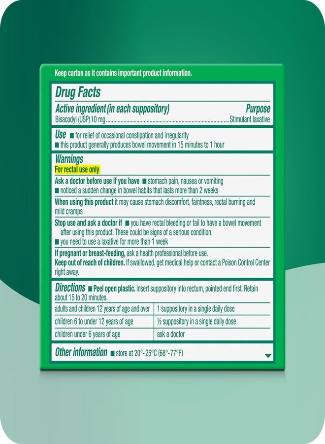 Dulcolax Stimulant Laxative Medicated Suppositories, Predictable & Effective Constipation Relief, Bisacodyl 10 mg, 4 Count - Image 3